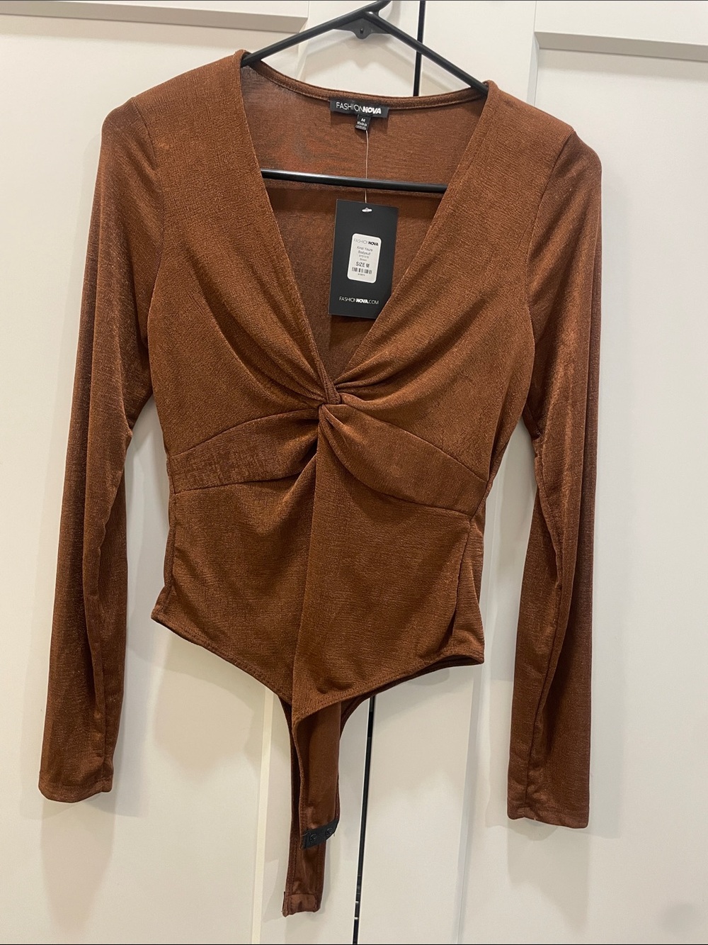 Fashion Nova Brown Twist-Front Long Sleeve Bodysuit